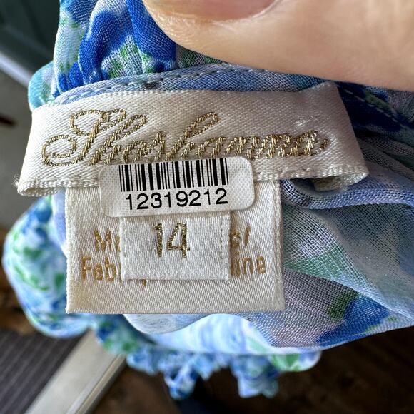 Shoshanna Sz 14 Blue Cottagecore Floral Smocked Waist Ruffled Hem Sheer w/ Slip - Picture 8 of 9